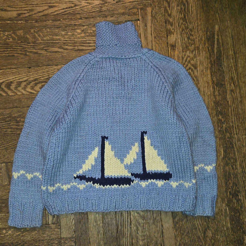 Vintage Cowichan Youth Sailboat Sweater Jacket Hand Knit Zip Front Child Blue
